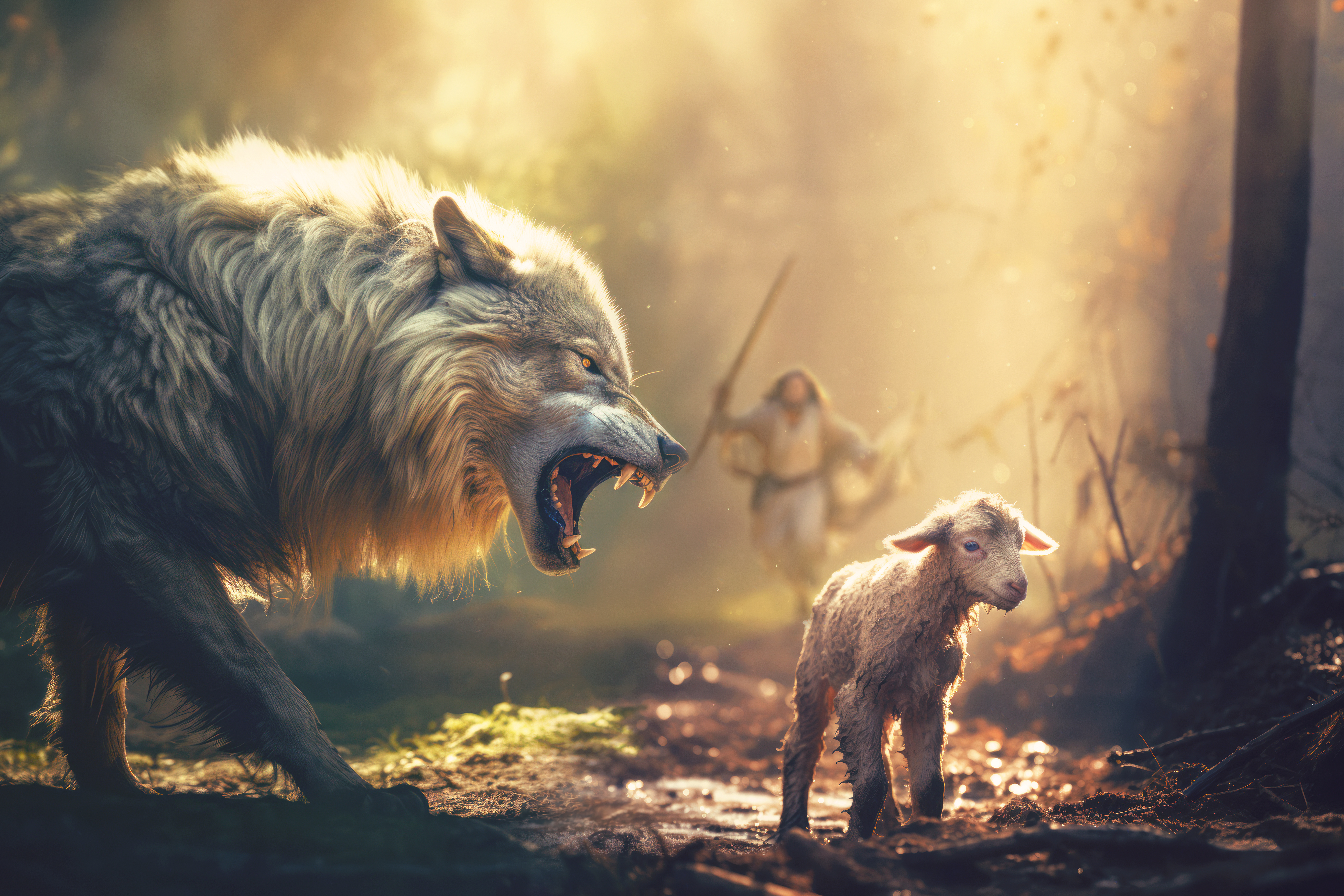 Jesus running towards wolf and lamb