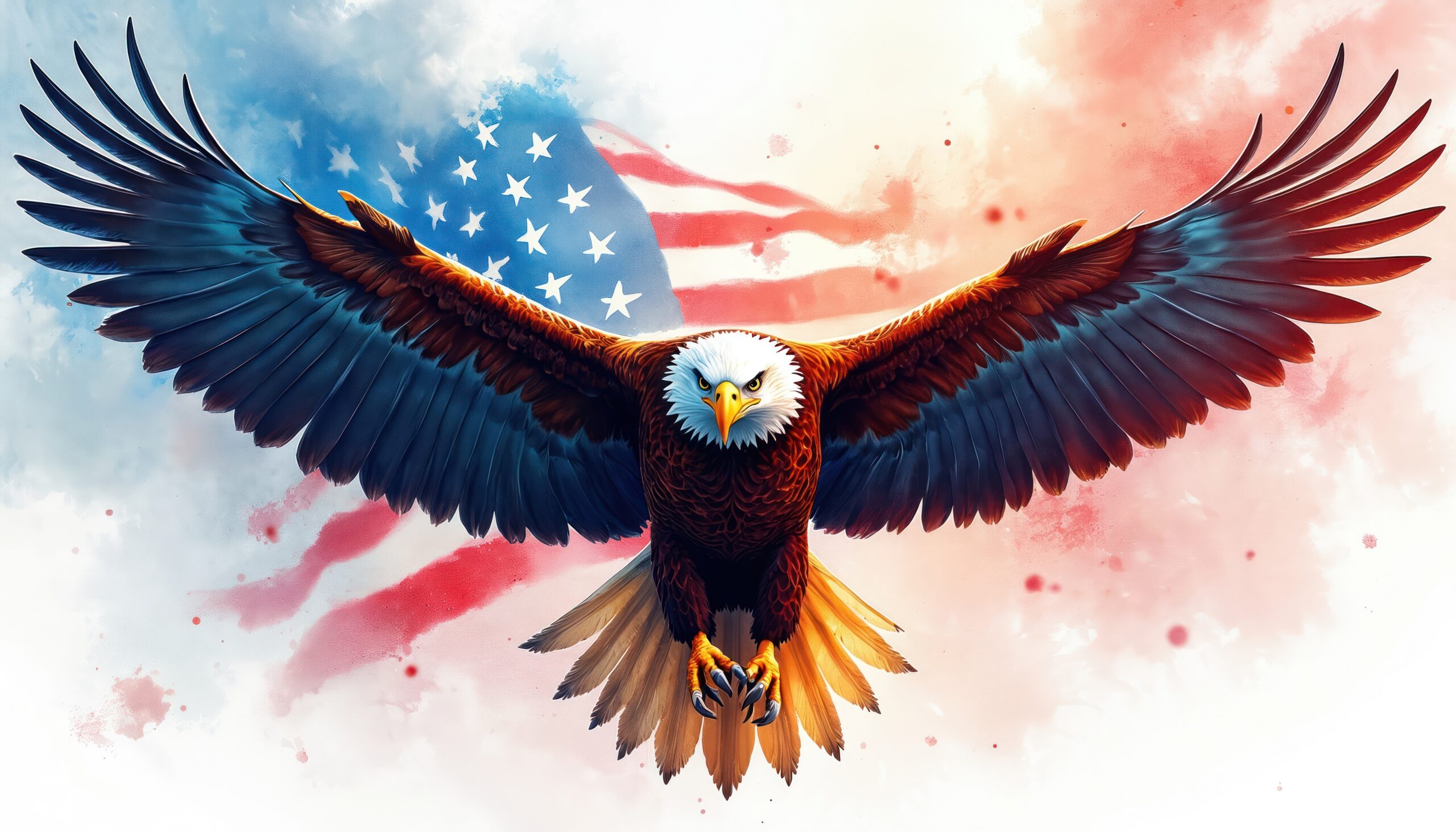 Majestic bald eagle flies forward with wings spread wide. American flag colors form textured backdrop. Bird of prey freedom, patriotism. Wildlife art features powerful hunter with sharp focus.